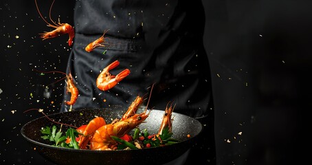 Sticker - Chef in Action Tossing Shrimp in a Pan, Dynamic Culinary Experience Captured in a Professional Kitchen. Lively Food Preparation Scene in a Photo. AI