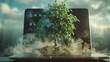 A surreal image of a money tree growing out of a laptop screen AI generated illustration