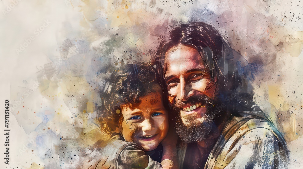 Jesus Christ with a kid in his arms, smiling. Digital watercolor ...