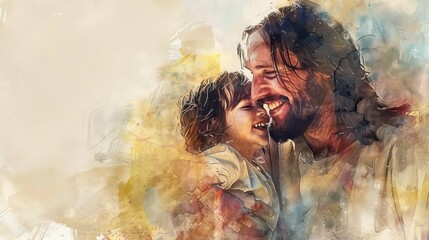 Jesus Christ with a kid in his arms, smiling. Digital watercolor painting