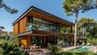 An architecturally stunning villa with a wooden facade and pine tree landscaping AI generated illustration