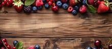 Wooden Background Adorned With Assorted Berries, Representing The Essence Of Summer Or Spring Harvest. Featuring Strawberries, Raspberries, Blueberries, And Cherries To Embody Agricultural, Gardening