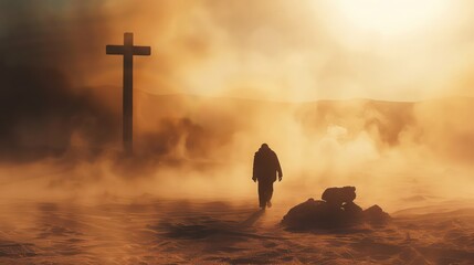 Wall Mural - Silhouette of a man in the desert with a cross in the smoke and dust under the sun. Silhouette of a man in the desert with a cross in the smoke and dust under the sun