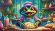 oil painting style cartoon character illustration Multicolored An elderly frog prepares bread dough in the kitchen.
