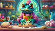 oil painting style cartoon character illustration Multicolored An elderly frog prepares bread dough in the kitchen.