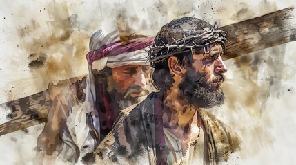 Wall Mural - Simon of Cyrene helps Jesus carry the Cross. Digital watercolor painting