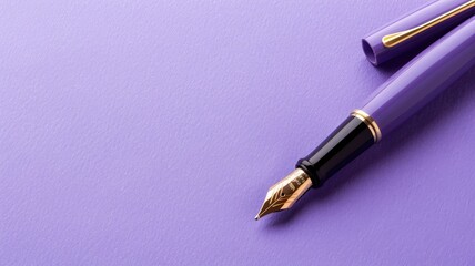 Purple fountain pen on background with two matching pencils