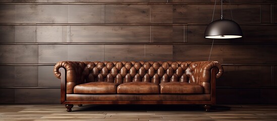 Wall Mural - Brown leather couch in dimly lit room