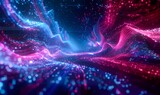 Fototapeta Perspektywa 3d - 3d digital space with abstract cyber tunnel, vibrant neon lights, and floating particles