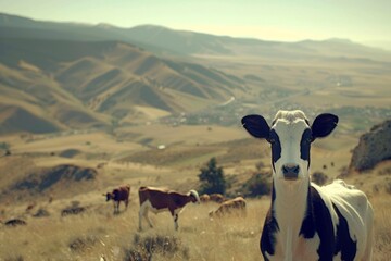 Cow goat pasture in a field ecological local farm no cruelty animal safety happiness herd flock milk eco environment sustainability humanity agriculture green forest meadows mountains grass land