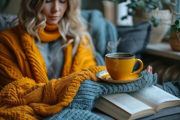 A serene woman enjoys a quiet moment with a book and a cup of coffee in a cozy indoor space