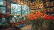   A table holds several vases filled with orange flowers, located in front of a flower shop boasting a sizable window