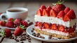   A cake sits atop a white plate, accompanied by a steaming cup of coffee and a separate plate bearing strawberries