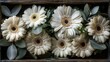   A wooden box holds a cluster of white flowers above green foliage at its base, with a few blooms centrally arranged within the frame
