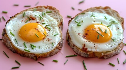   Two slices of bread with an egg on top, placed on a pink surface adorned with green sprinkles