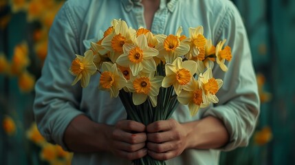 Sticker -   Person holds yellow daffodil bouquet against daffodil-covered wall