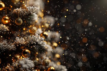 snow covered tree gold lights background crisp close solid black renderer nebulous bouquets particles floating