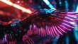 Detailed shot of neon colored cyberpunk cybernetic wings  AI generated illustration