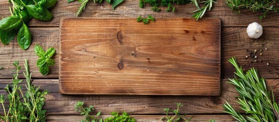 Wall Mural - Top view of a wooden table with a cutting board and fresh garden herbs, with space for text.