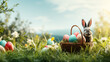 Easter bunny in sunny garden with decorated, colorful eggs. Easter bunny in green grass garden with colorful eggs and bunny with copy space.