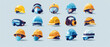 A set of colorful, detailed industrial safety helmets with attached masks and goggles on a light grey background.