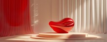 Elegant Red Sculpture On A Pedestal With Dramatic Curtains And Soft Lighting