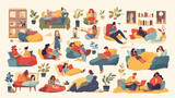 Fototapeta Pokój dzieciecy - Collection of different people relax in cozy bedroo
