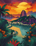 Fototapeta Miasta - Vibrant Artistic Cityscape of Rio de Janeiro with Palm Trees, Landscapes, and Mountains