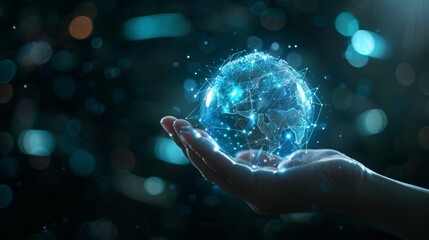 robot brain digital data ai global network technology hologram with light and hand of human in sci-fi futuristic concept