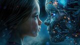 Cyborg de Inteligencia artificial IA manifestada en la robótica enfrentándose cara cara a un niño humano. Concepto sobre el avance de las tecnologías futuras.