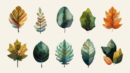  HandDrawn Whimsical Flat Gradient Leaf Icons in Earthy Green and Brown Hues