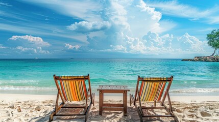 Beach loungers and a table set with striped fabric in the middle of a sandy beach with the sea in the background