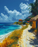 Fototapeta Miasta - Vibrant Painting of a Picturesque Beach Featuring Houses and Palm Trees in Sint Eustatius, North America
