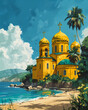 Artful Representation of Ukrainian Culture: Vibrant Building, Beach, and Palm Trees