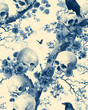 18th Century Blue and White Chinoiserie Wallpaper Pattern with Skull and Raven Motifs