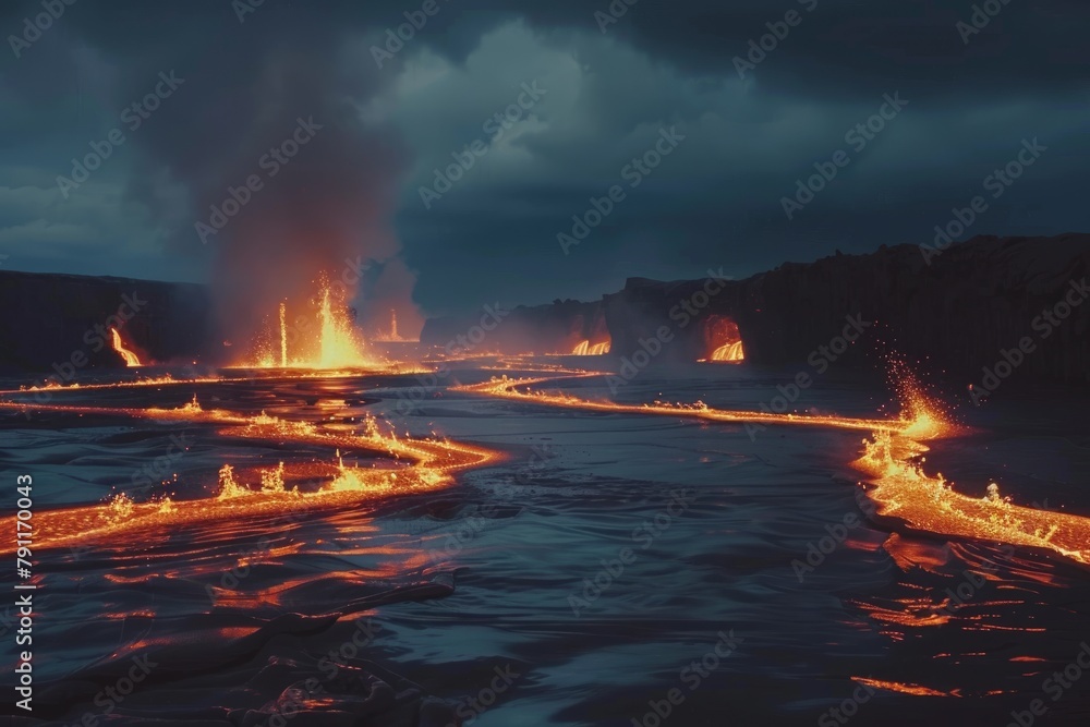 Hot molten lava streaming volcano eruption stream hot boiling magma ...