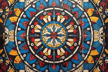 Poster - Detailed view of a colorful stained glass window, showcasing intricate designs and vibrant hues