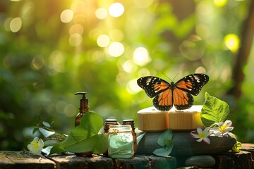 Spa and wellness setting with natural ingredients and butterfly on wooden background. Butterfly and butter on green nature background with copy space.