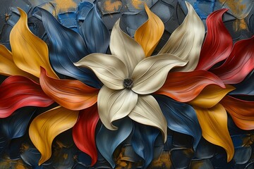 Wall Mural - A vibrant painting depicting a flower with red, yellow, and blue petals arranged in a striking pattern