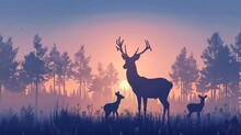 Deer Family Silhouette In Forest Wildlife And Nature Concept Illustration