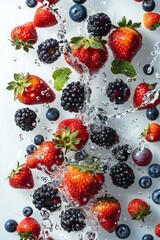 Poster - Fresh strawberries and blueberries are falling into a glass of water, creating ripples and splashes in a dynamic display of fruit and liquid interaction