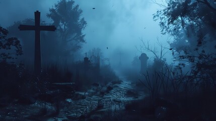Wall Mural - eerie misty graveyard path at night dark fantasy cemetery landscape with fog spooky digital illustration
