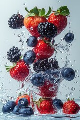 Wall Mural - Strawberries and blueberries are dropping into a glass of water, creating ripples and bubbles in the liquid