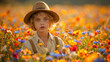 a boy standing in a field abundant with wildflowers