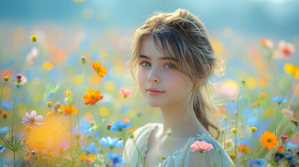 a young beautiful girl standing in a field of wildflowers