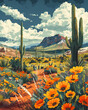 Desert landscape artwork, Argentina, South America, painting, cactuses, mountains, art, vibrant colors, canvas