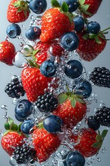 Poster - A bunch of strawberries and blueberries tumbling into a pool of water