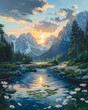 Artistic River Landscape Painting: Slovenia, Europe, Nature, Flowers, Mountains