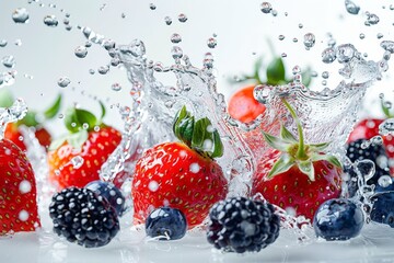 Sticker - Several ripe strawberries falling and splashing into clear water