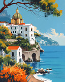 Fototapeta Miasta - Amalfi Coast Minimalistic Travel Painting with Vibrant Brushstrokes, Building on Cliff by Water, Wide Copy Space